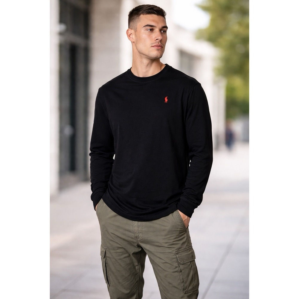 Polo Ralph Lauren Men's M Black L/S T-Shirt Red Pony Logo Fits Small 100% Cotton